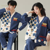 Spring Autumn Cotton Cartoon Print Couple Pajama Sets Pyjamas Kawaii Sleep Loungewear Plaid Sleepwear Suits Pajamas for Lovers