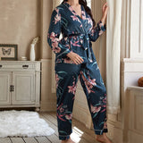 Foesce 5xl Large Size Satin Women's Cardigan Printed Robe with Long Trouser Pajamas Set Loose Conjuntos Feminino Elegante Ladies Suits