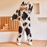 Winter Thicken Women Men Pajamas Sets Cartoon Cow One-piece Sleepwear Nightgown Hoddies Homewear Lovers Soft Warm Pyjamas Suit