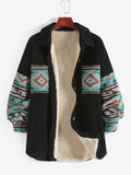 Fleece Lined Ethnic Aztec Printed Corduroy Shacket Women Drop Shoulder Button Up Shirt Jacket Autumn Casual Outerwear