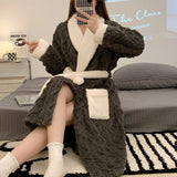 Women Long Thermal Jacquard Flannel Bathrobe With Belt Winter Warm Coral Velvet Bath Robe Soft Dressing Gown Female Sleepwear