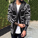 Fashion Vintage Men's Knitted Cardigan Trendy Long Spring New Printed Wool Jacquard Tops Hooded Sweaters Jackets Coat