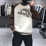 Foesce Autumn Winter Preppy Shirt Men's Color Blocked Velvet Sweatshirt Fashionable O-Neck Casual Streetwear Loose Warm Thick Top