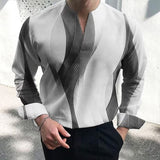 Men Casual Print V Neck Dress Shirts Long Sleeve Loose Office Blouse Tops Tee