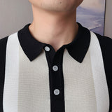 Vintage POLO Shirt Men Stripe Patchwork Knitting Casual Lapel Pullover Summer Fashion Men Short Sleeve Slim POLO Shirt 3XL